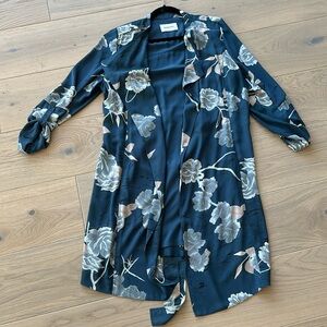 Blue floral light belted trench coat